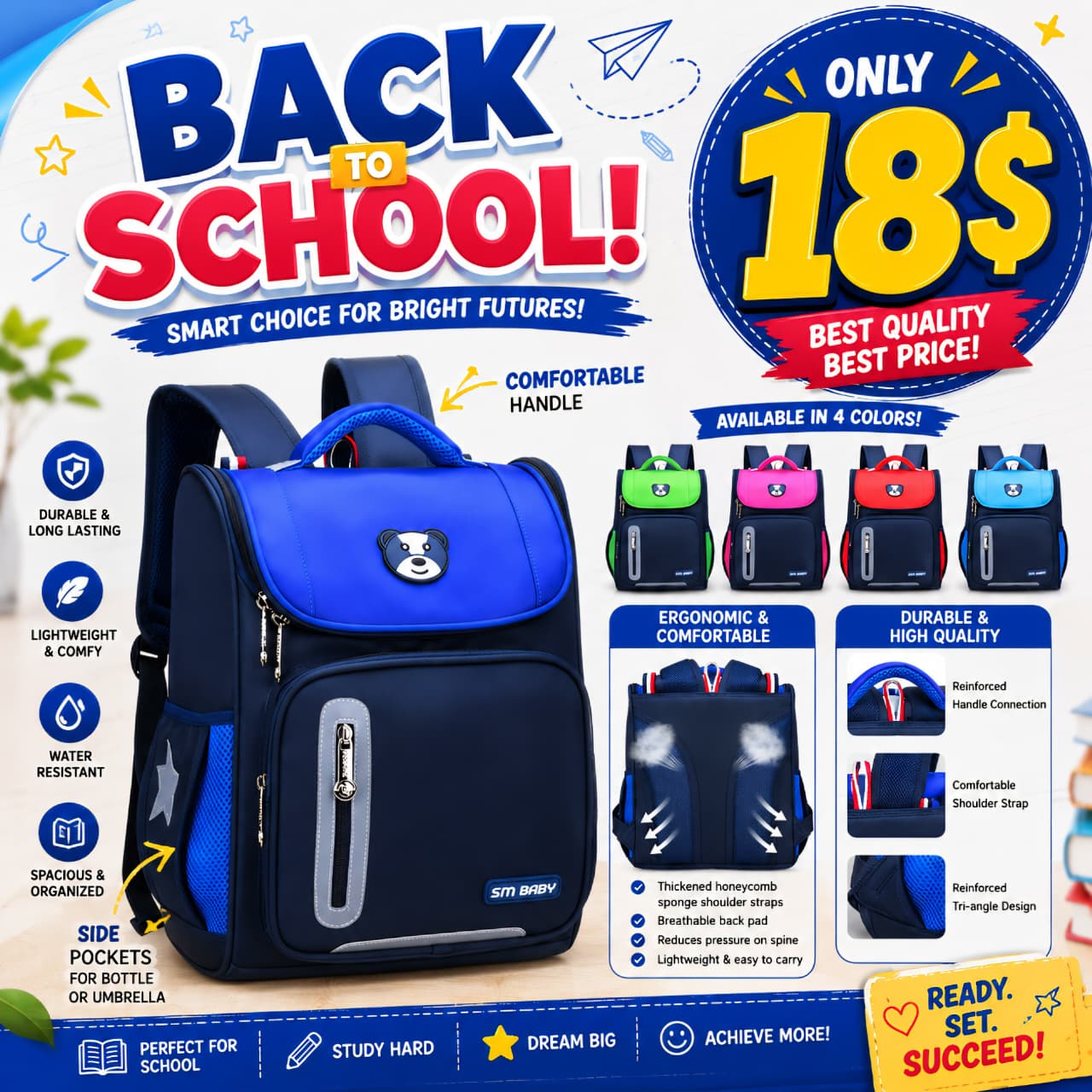 Kids ergonomic school backpack available in four colors