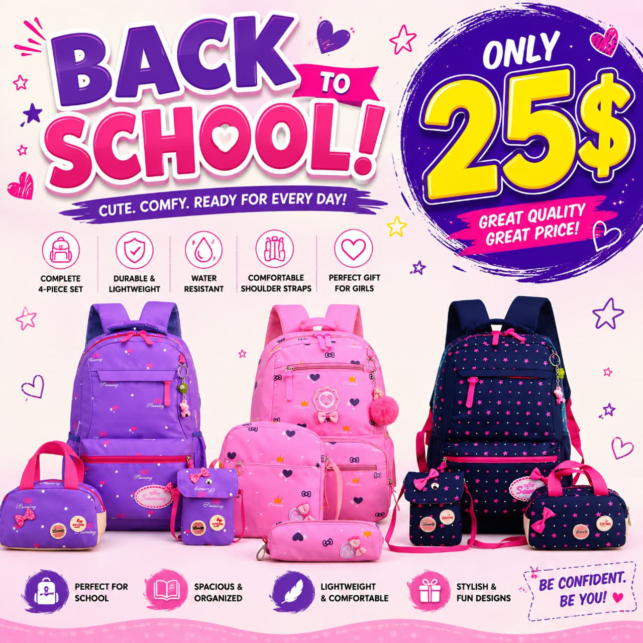 Four-piece girls backpack set in purple, pink and navy